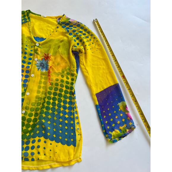 READ Kim Lai Silk Floral Sheer Button Down Long Sleeve Blouse Womens XS Small - Picture 6 of 16